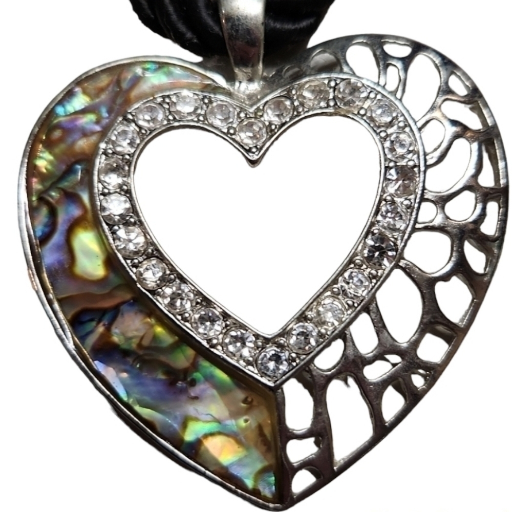 ABALONE And Silver Heart Pendant Medallion Cord Necklace